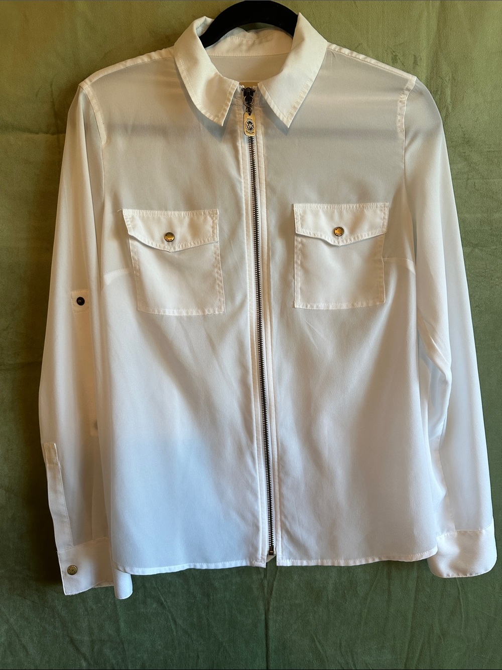#931 Michael Kors White Zip-Front Button Pocket Blouse